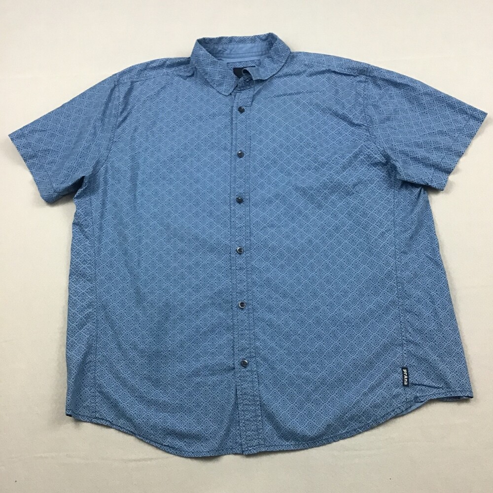 prAna Shirt Men Extra Large Blue Geometric Button Up Lightweight Outdoor XL